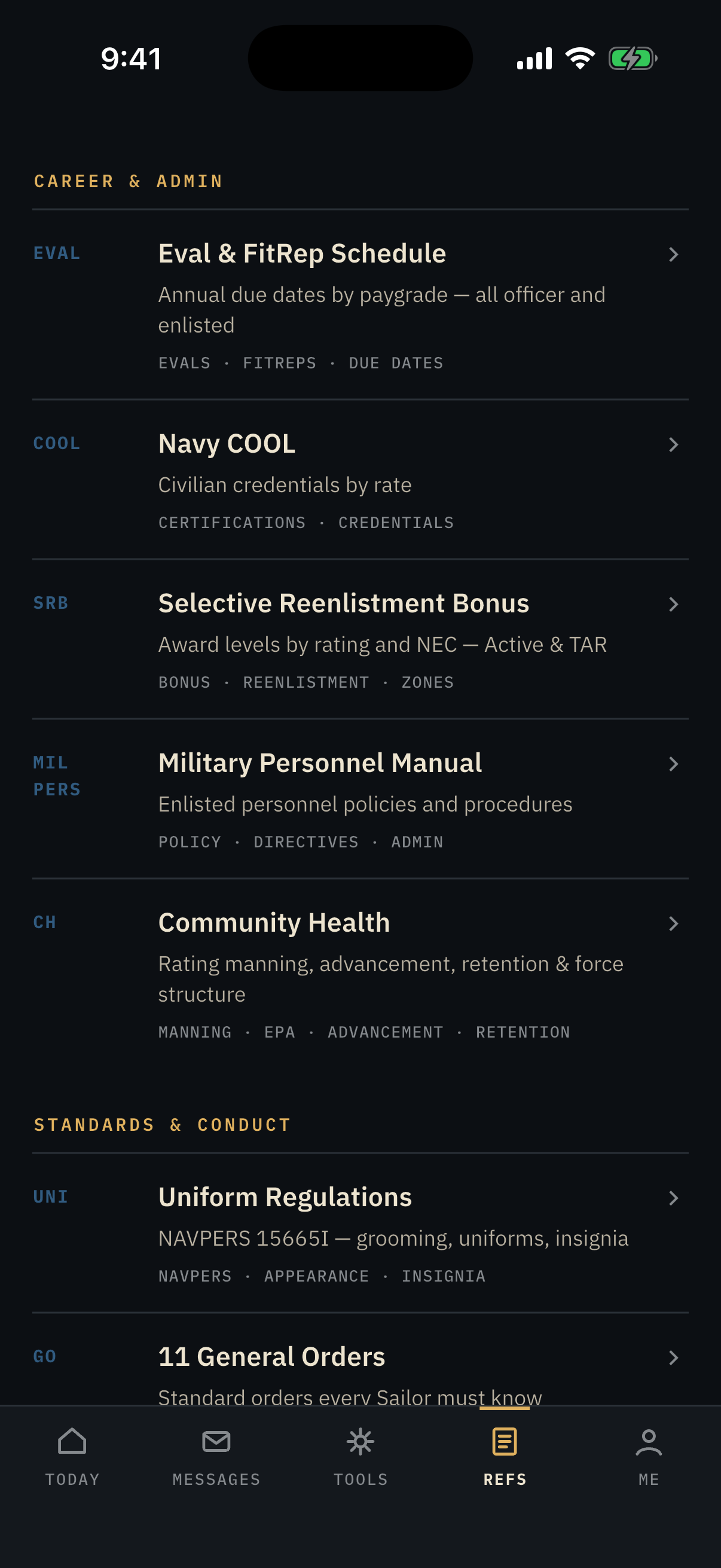 References screen in the SeaBag app