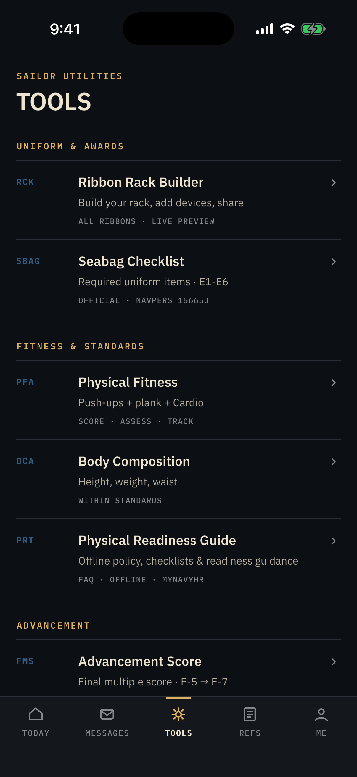 Tools screen in the SeaBag app